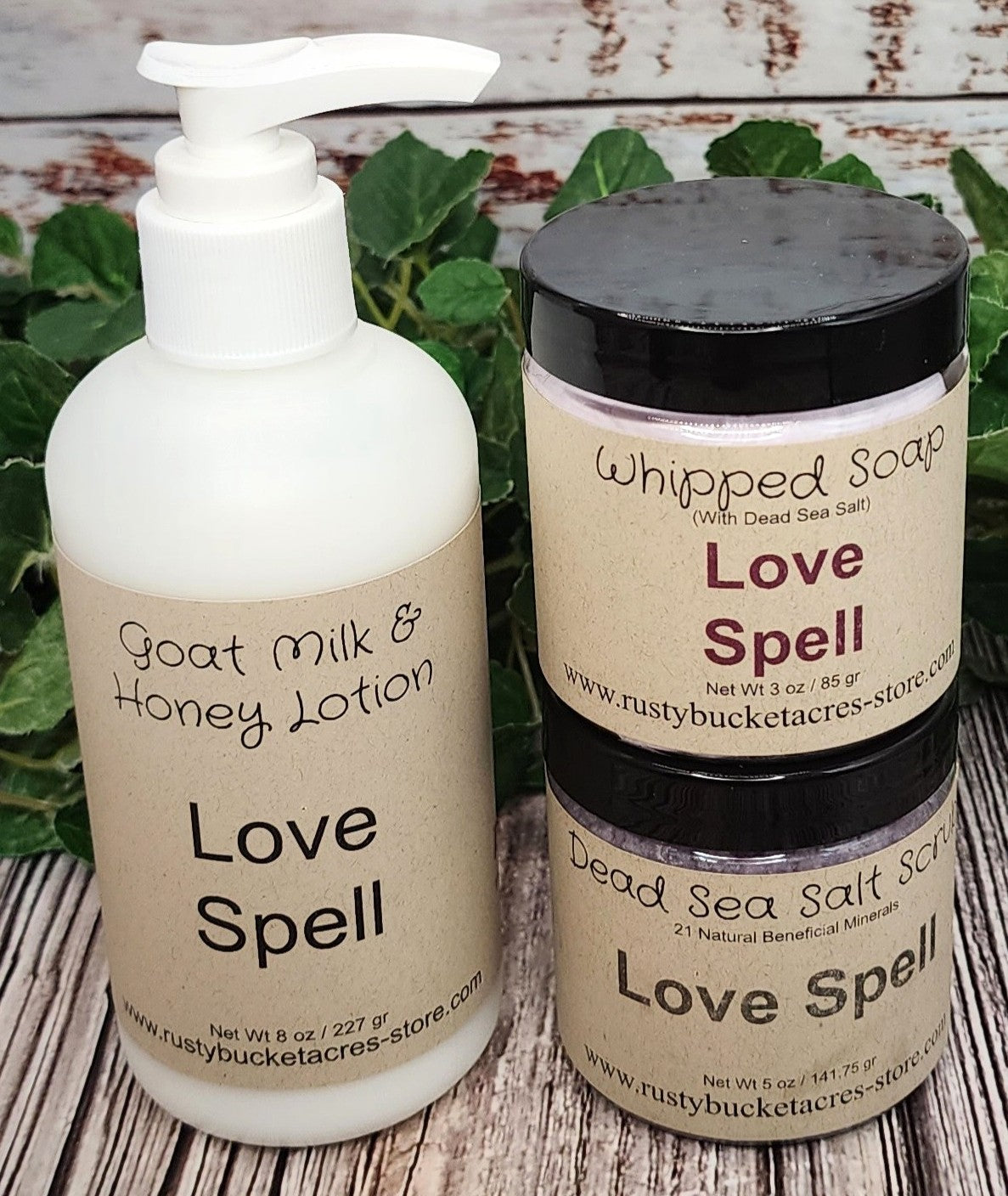 Shows an 8oz bottle of lotion with a 4 oz jar of whipped soap & dead sea salt scrub all scented in