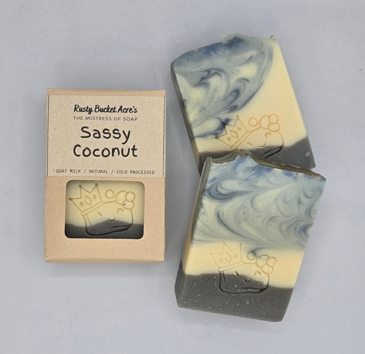 Two marbled soap bars with cream, blue-gray, and dark gray swirls next to a kraft paper box labeled 'Sassy Coconut' by Rusty Bucket Acre's, on a light gray background.