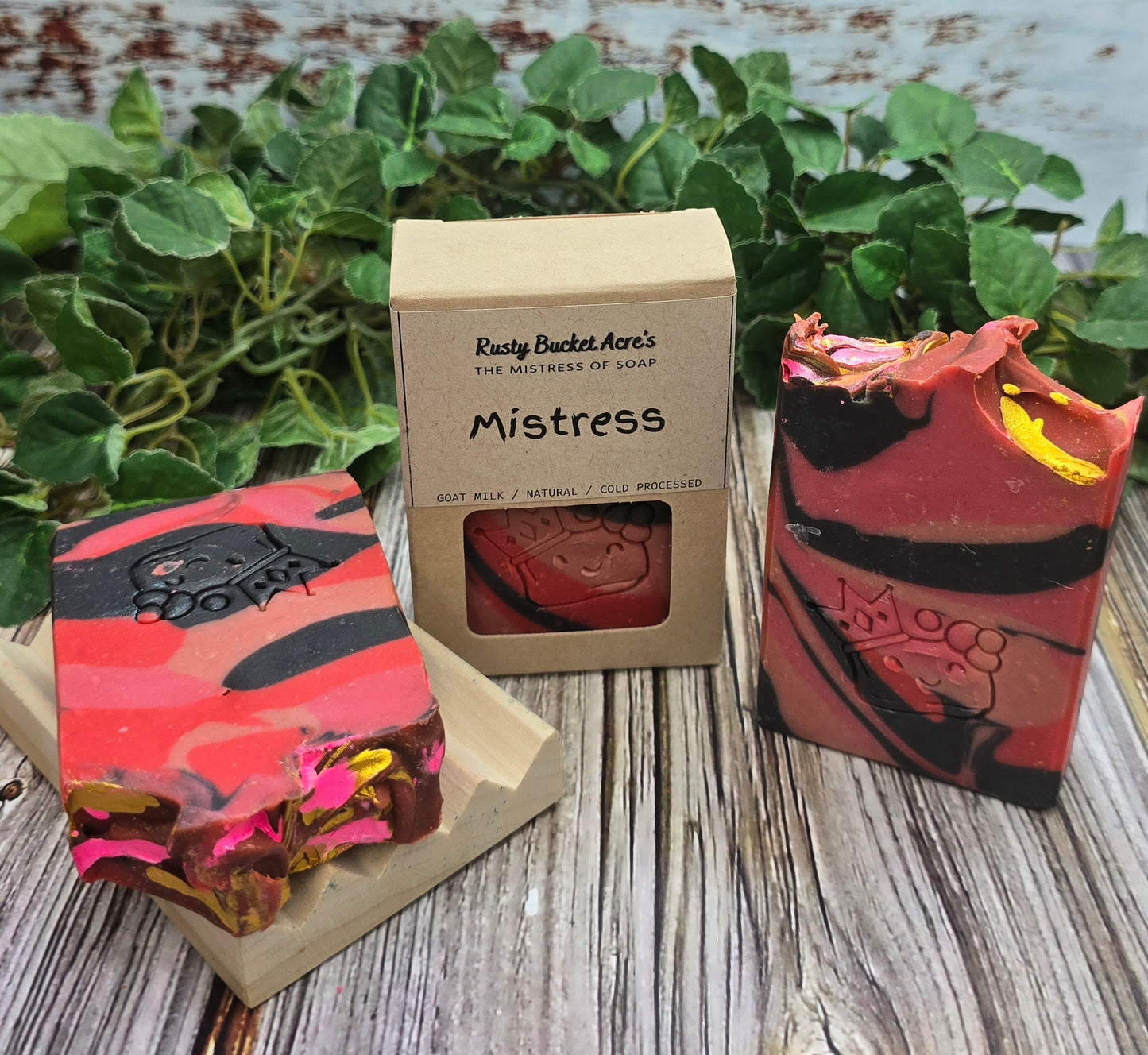 Two bars of colorful soap with a packaging box labeled 'Mistress' on a wooden surface with greenery in the background.