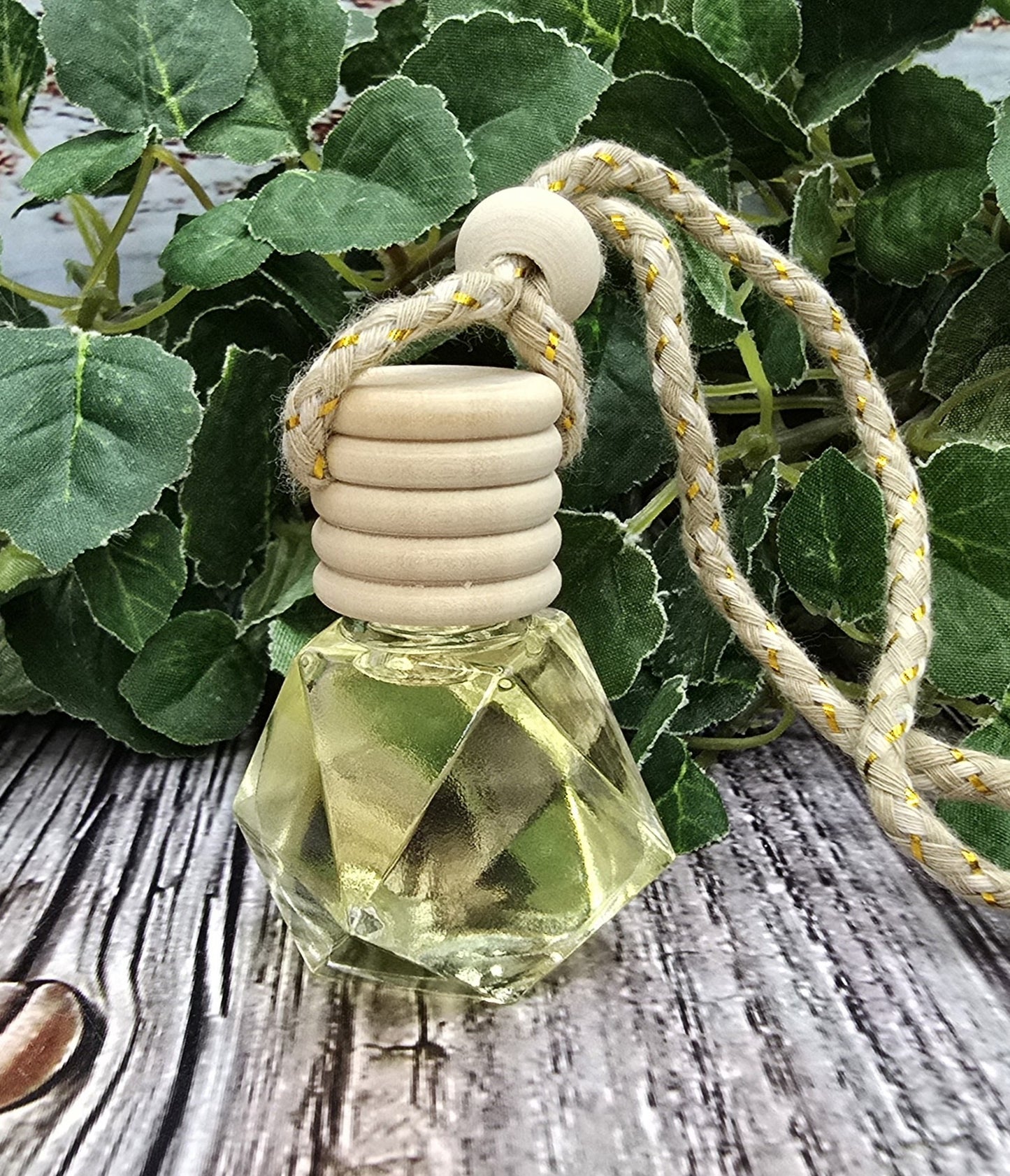 Decorative bottle with wooden top and rope on a wooden surface with green leaves in the background