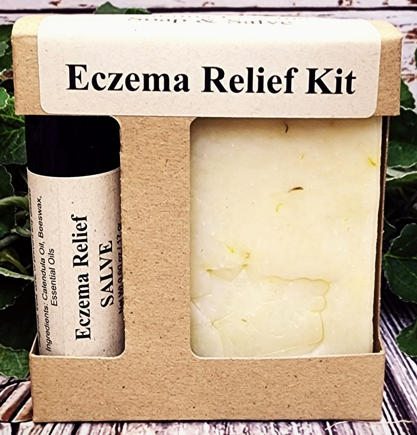 Eczema Relief Kit with a bar of soap and a tube of salve in a cardboard box.