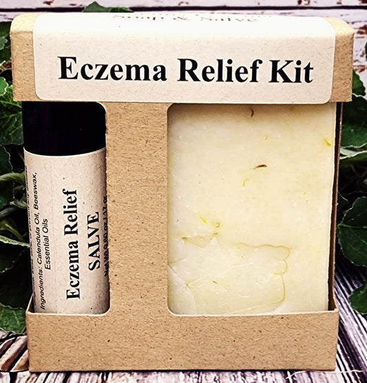 Eczema Relief Kit with a bar of soap and a tube of salve in a cardboard box.