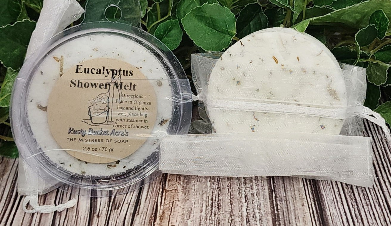 Eucalyptus shower melt packaging with a wooden background