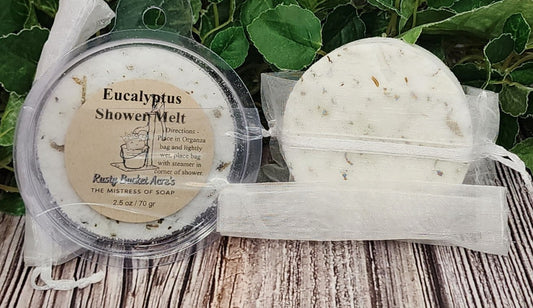 Eucalyptus shower melt packaging with a wooden background