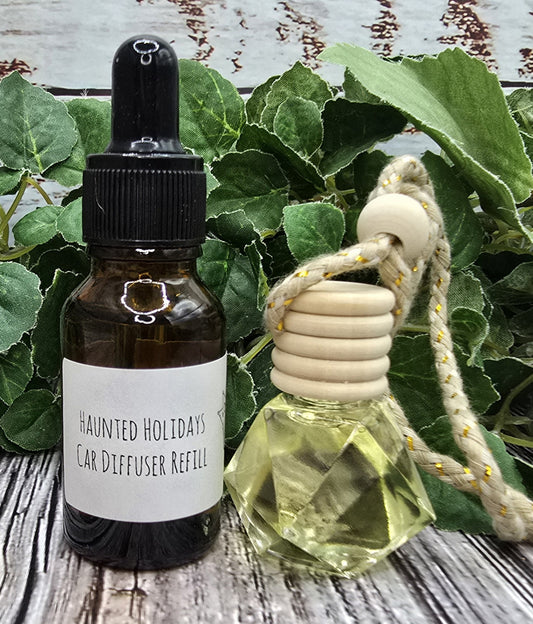 Two bottles of 'Haunted Holidays Car Diffuser Refill' on a wooden surface with green leaves in the background.
