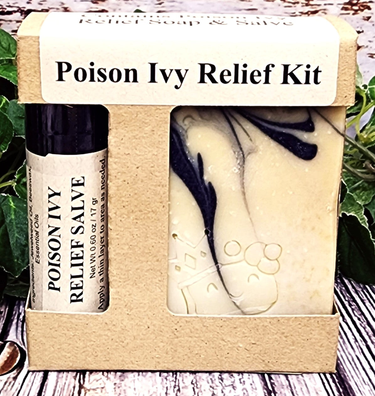 Poison Ivy Relief Kit with soap and salve in a cardboard box.