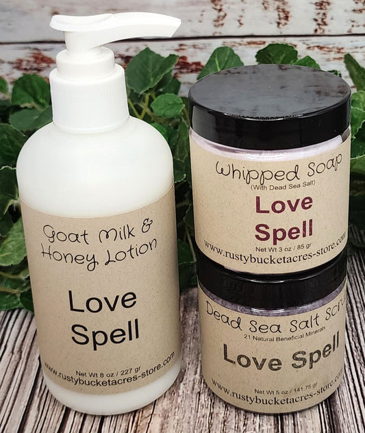 Shows an 8oz bottle of lotion with a 4 oz jar of whipped soap & dead sea salt scrub all scented in 