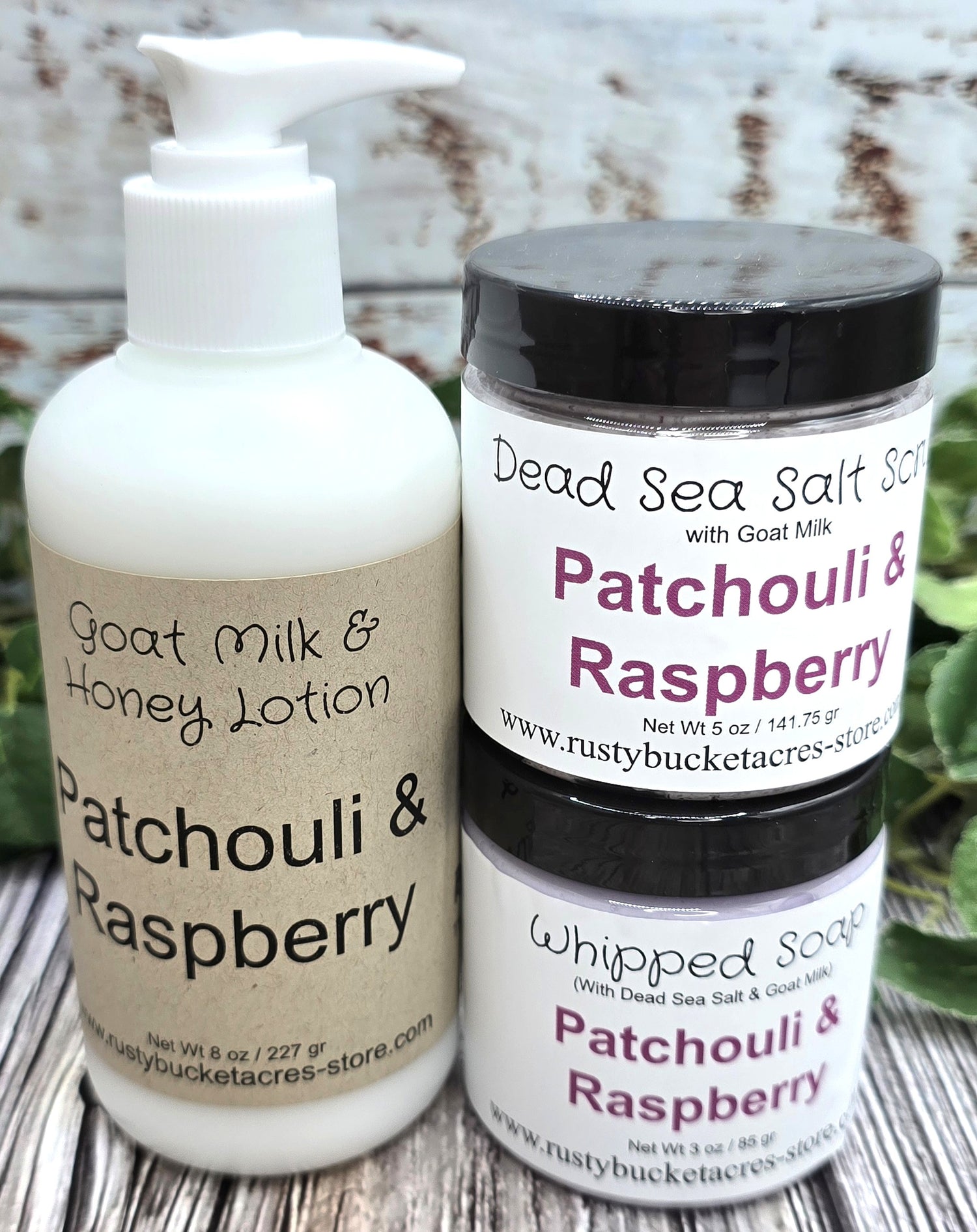 Shows an 8oz bottle of lotion with a 4 oz jar of whipped soap & dead sea salt scrub