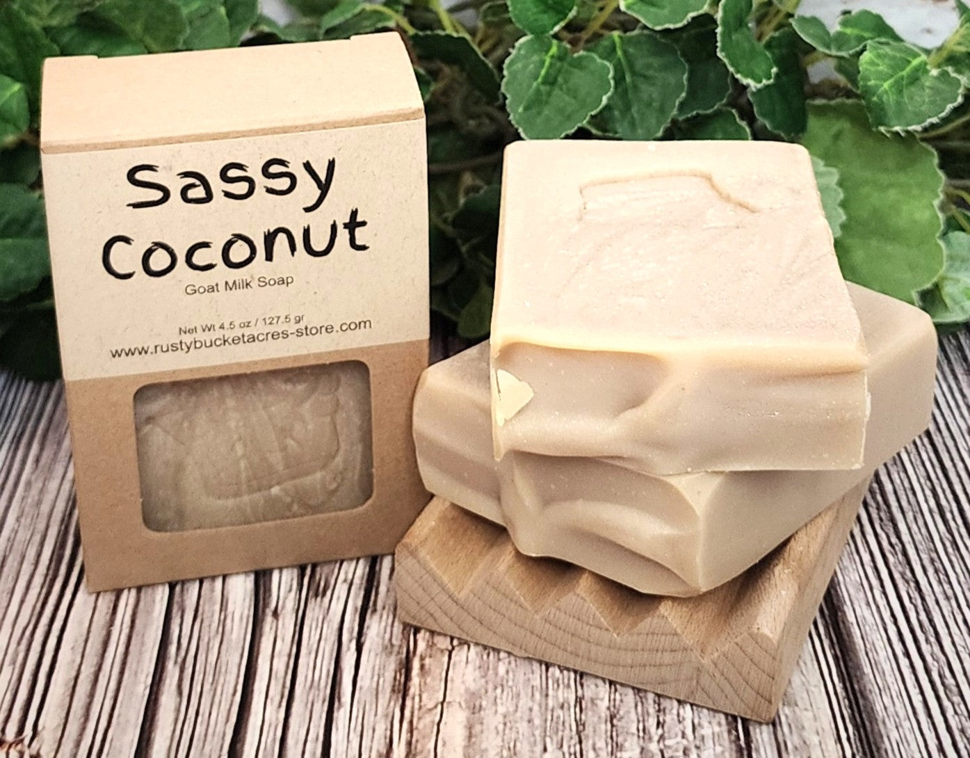 Goat milk soap with 'Sassy Coconut' packaging on a wooden surface with green leaves in the background