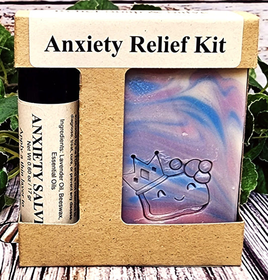 Anxiety Relief Kit with a bar of soap and a bottle labeled 'Anxiety Salve' on a wooden surface.