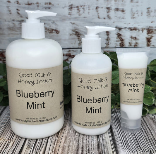 Three bottles of Blueberry Mint Goat Milk & Honey Lotion on a wooden surface with a rustic background.