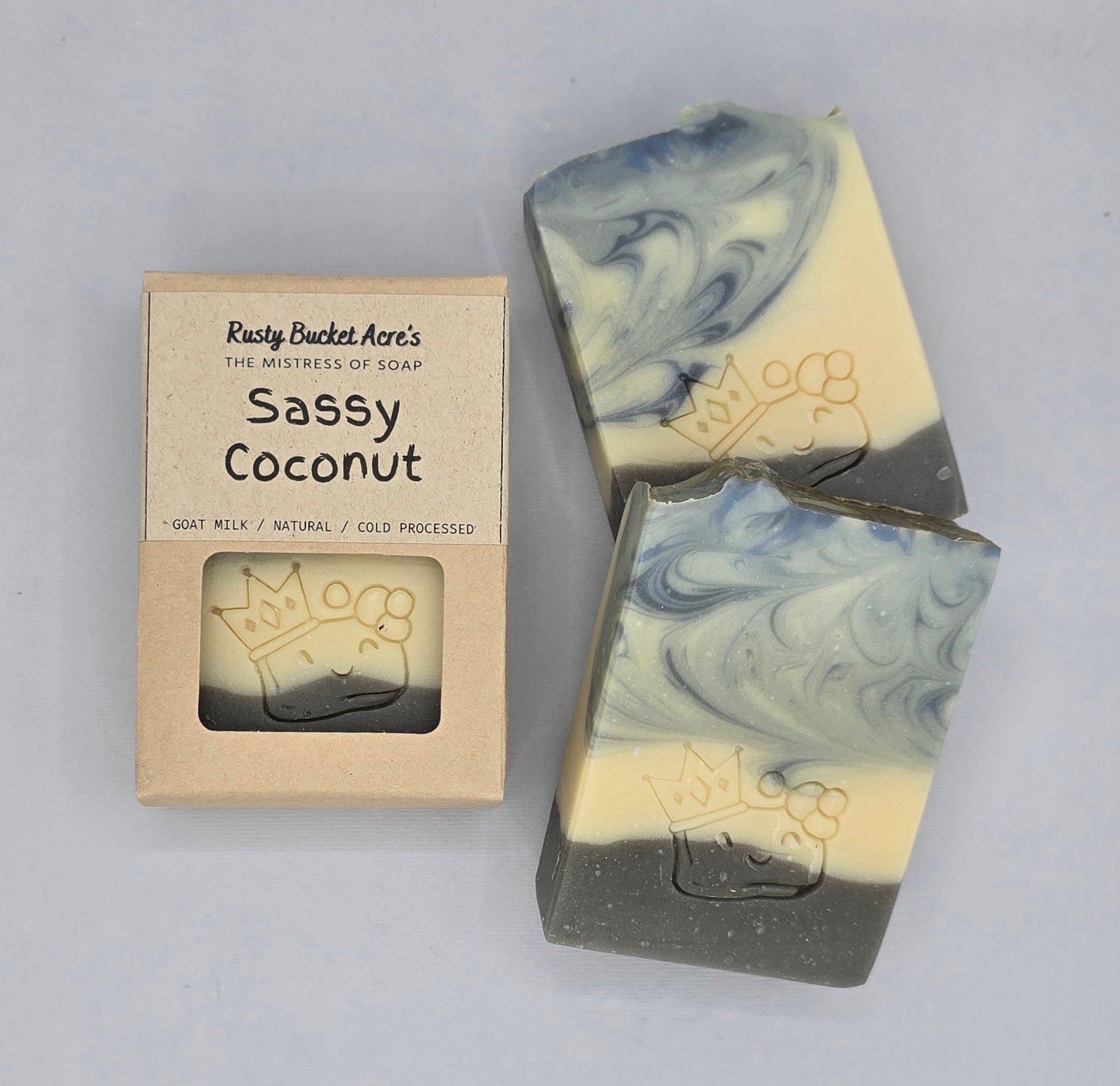 Two marbled soap bars with cream, blue-gray, and dark gray swirls next to a kraft paper box labeled 'Sassy Coconut' by Rusty Bucket Acre's, on a light gray background.