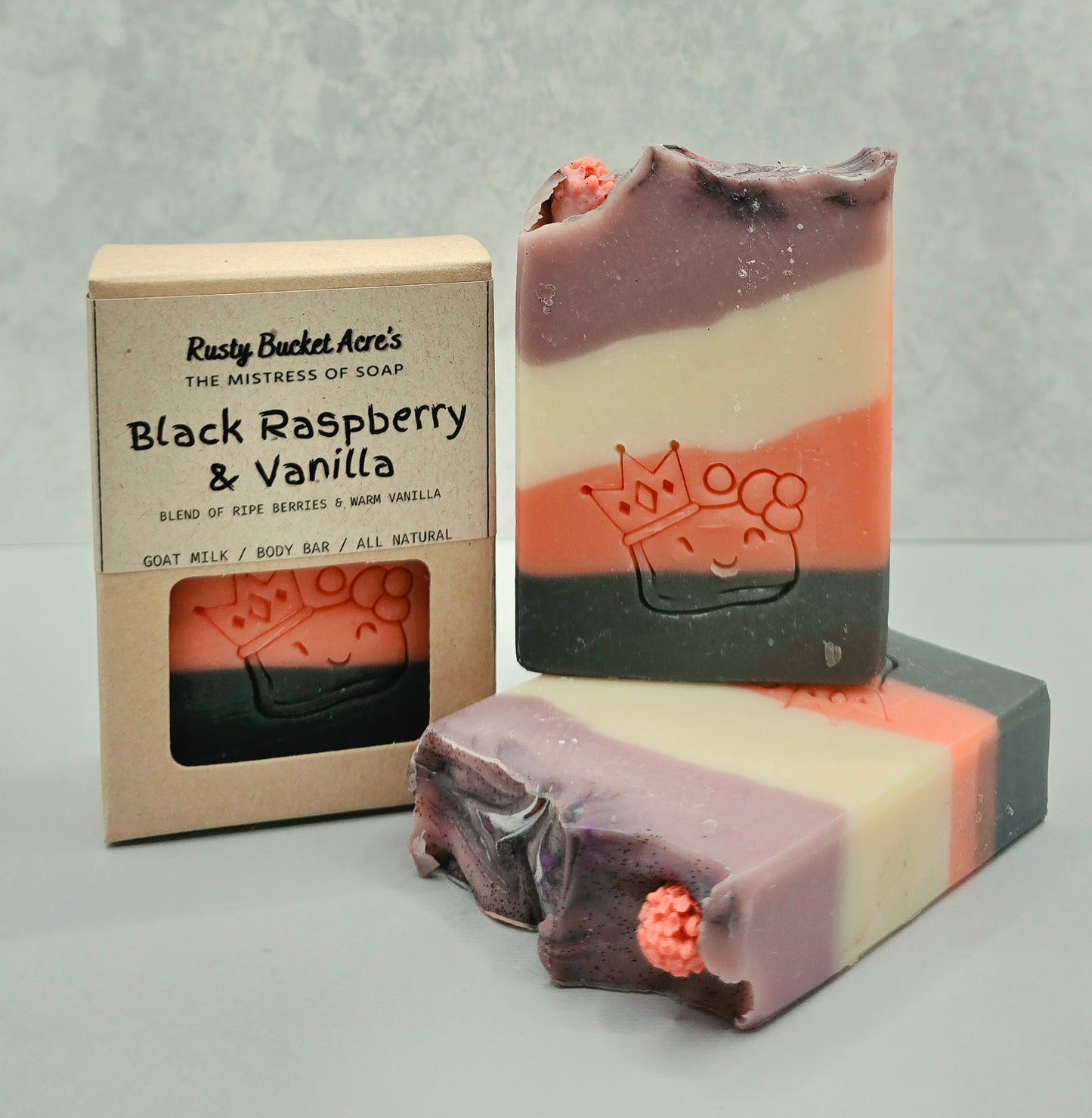 Two handmade soap bars and their kraft paper packaging box on a light gray background. The box reads 'Rusty Bucket Acre's The Mistress of Soap Black Raspberry & Vanilla'.